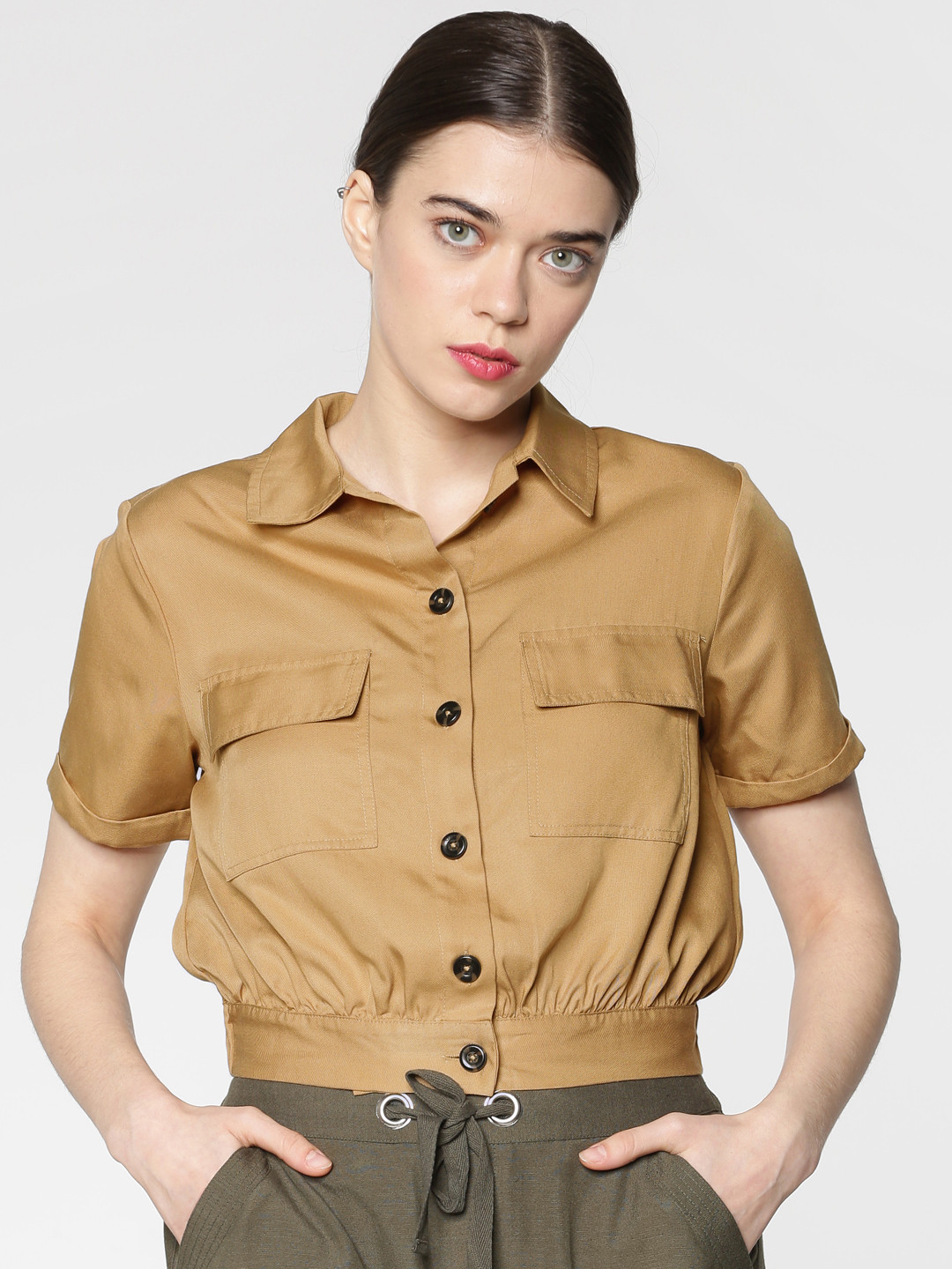 Buy ONLY Women Khaki Solid Shirt Style Top Tops for Women 8707659