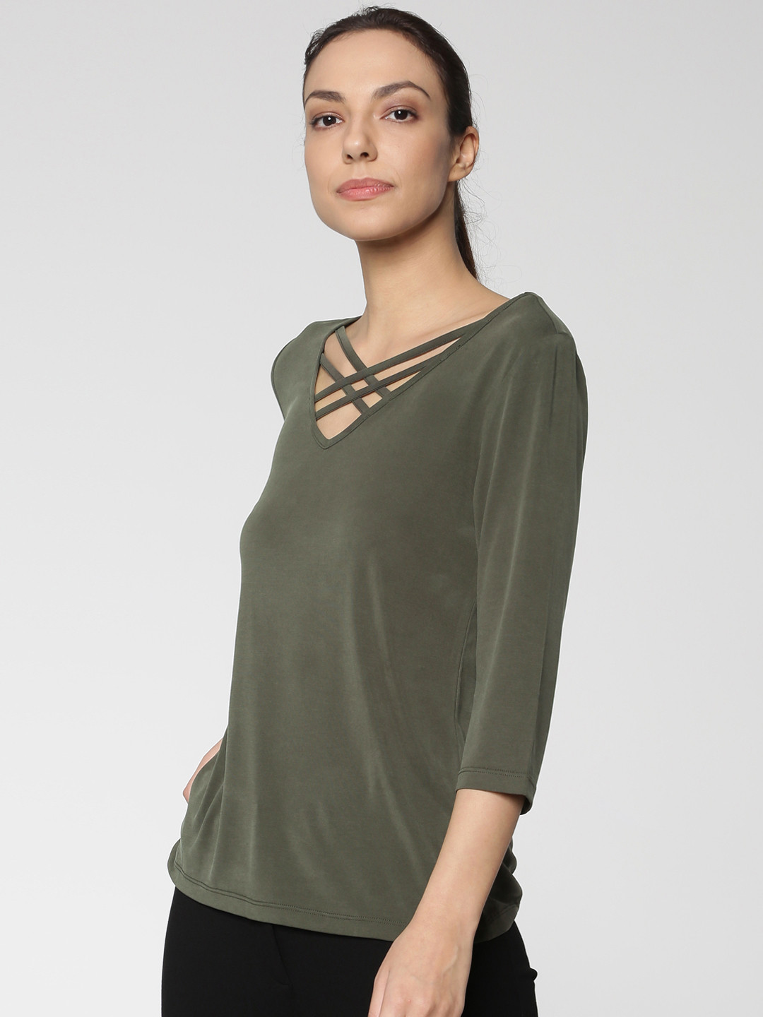 Buy ONLY Women Olive Green Solid V Neck T Shirt Tops for Women