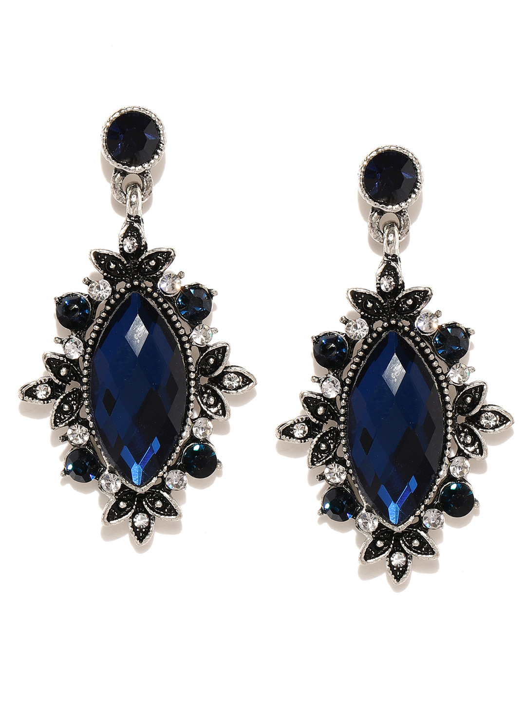 Buy ToniQ Navy Blue & Silver Toned Oxidized Classic Drop Earrings