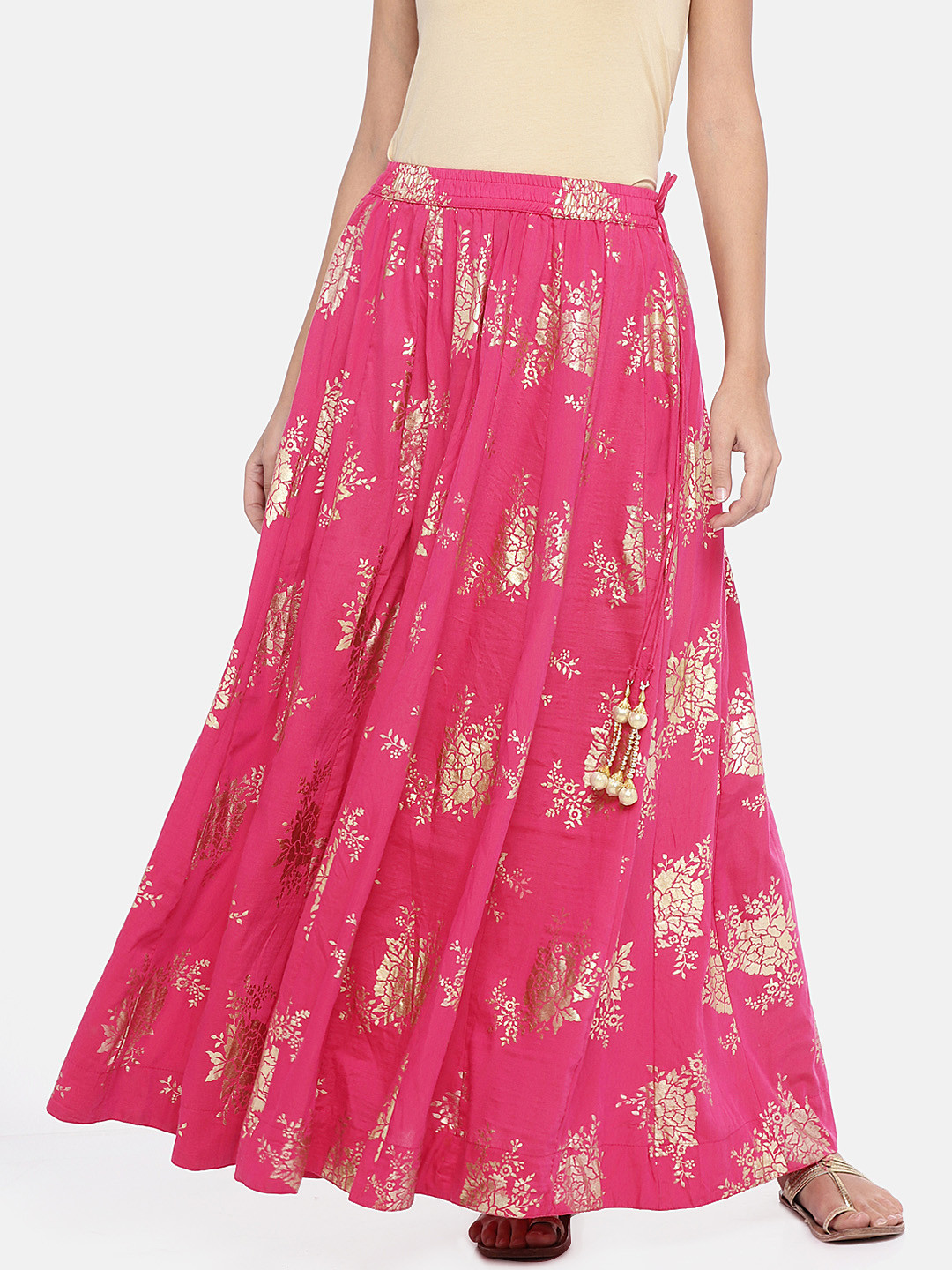 Buy Ethnicity Women Pink And Golden Printed Maxi Flared Skirt Skirts