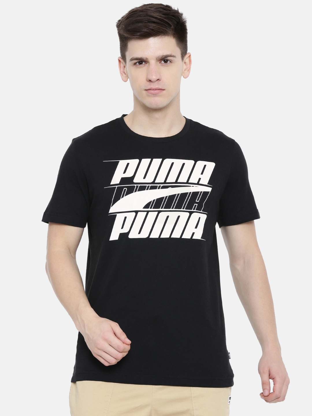 Buy Puma Men Black Regular Fit Printed Round Neck Pure Cotton T Shirt ...