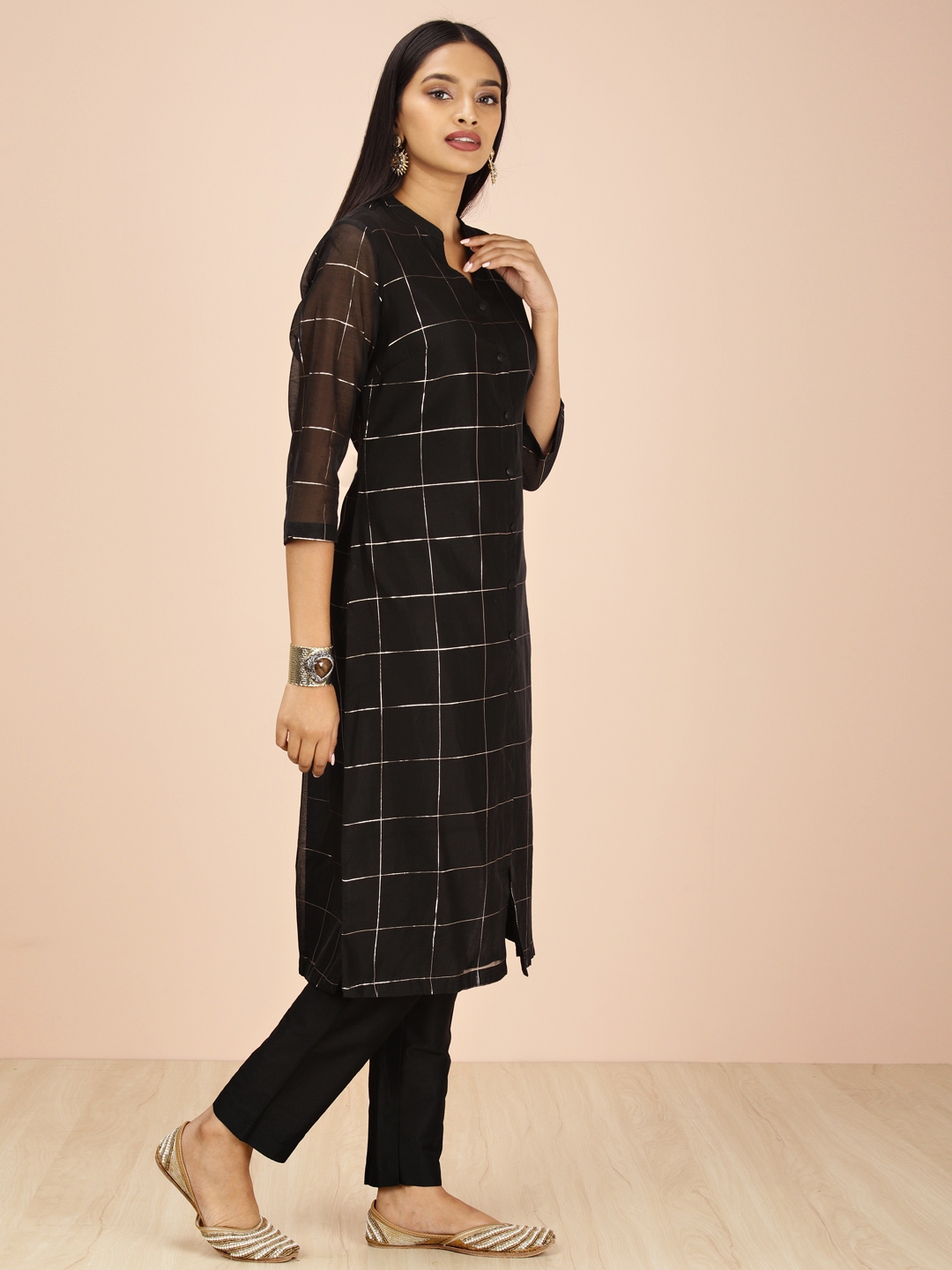 All About You Kurta Set Buy All About You Women Black & Gold Toned Checked Kurta With Trousers