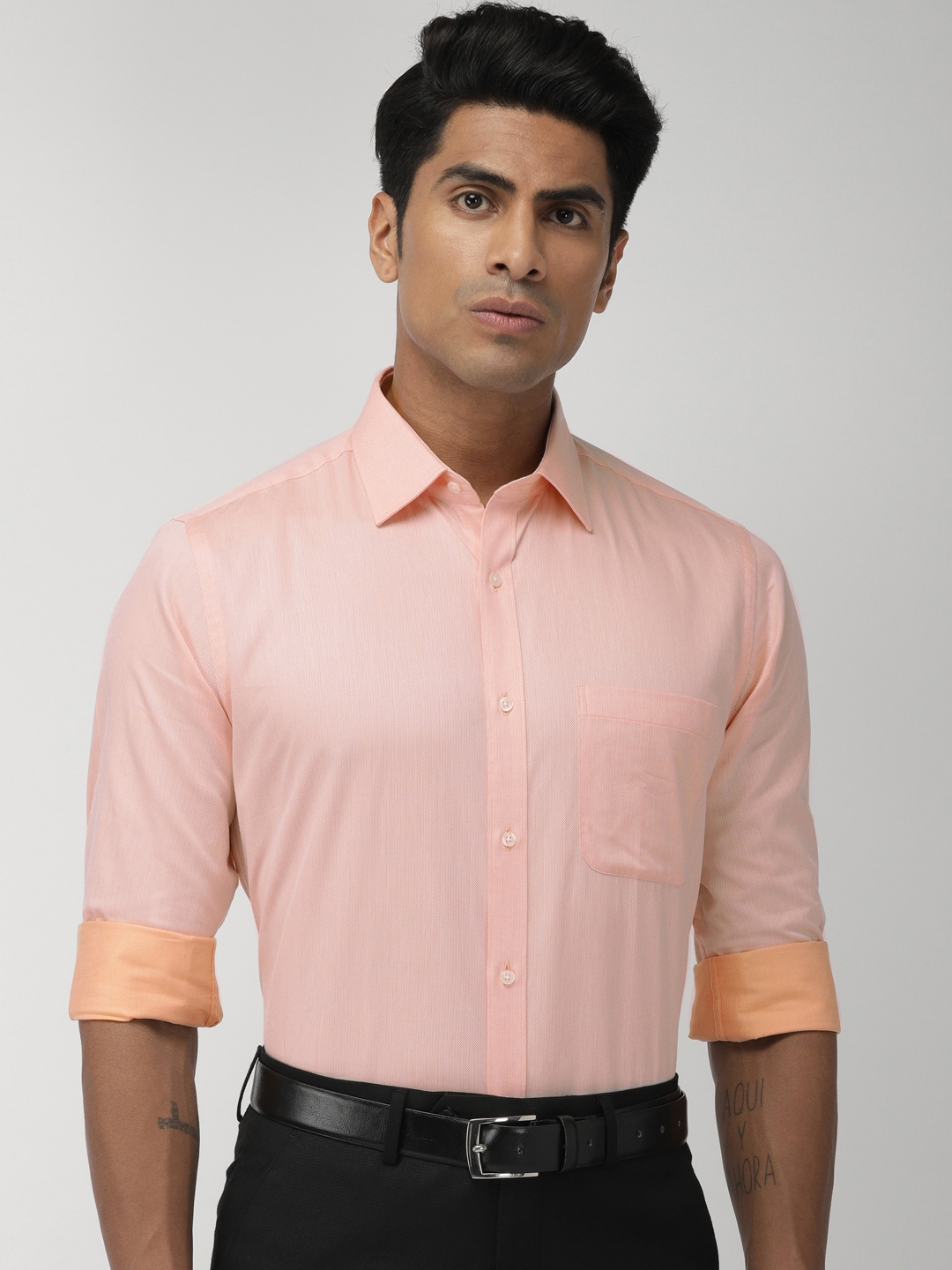 Buy Raymond Men Peach Coloured Slim Fit Self Design Formal Shirt 