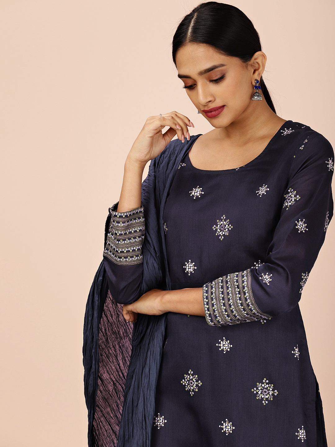 All About You Kurta Set Buy All About You Women Navy Blue Printed Kurta With Palazzos & Dupatta