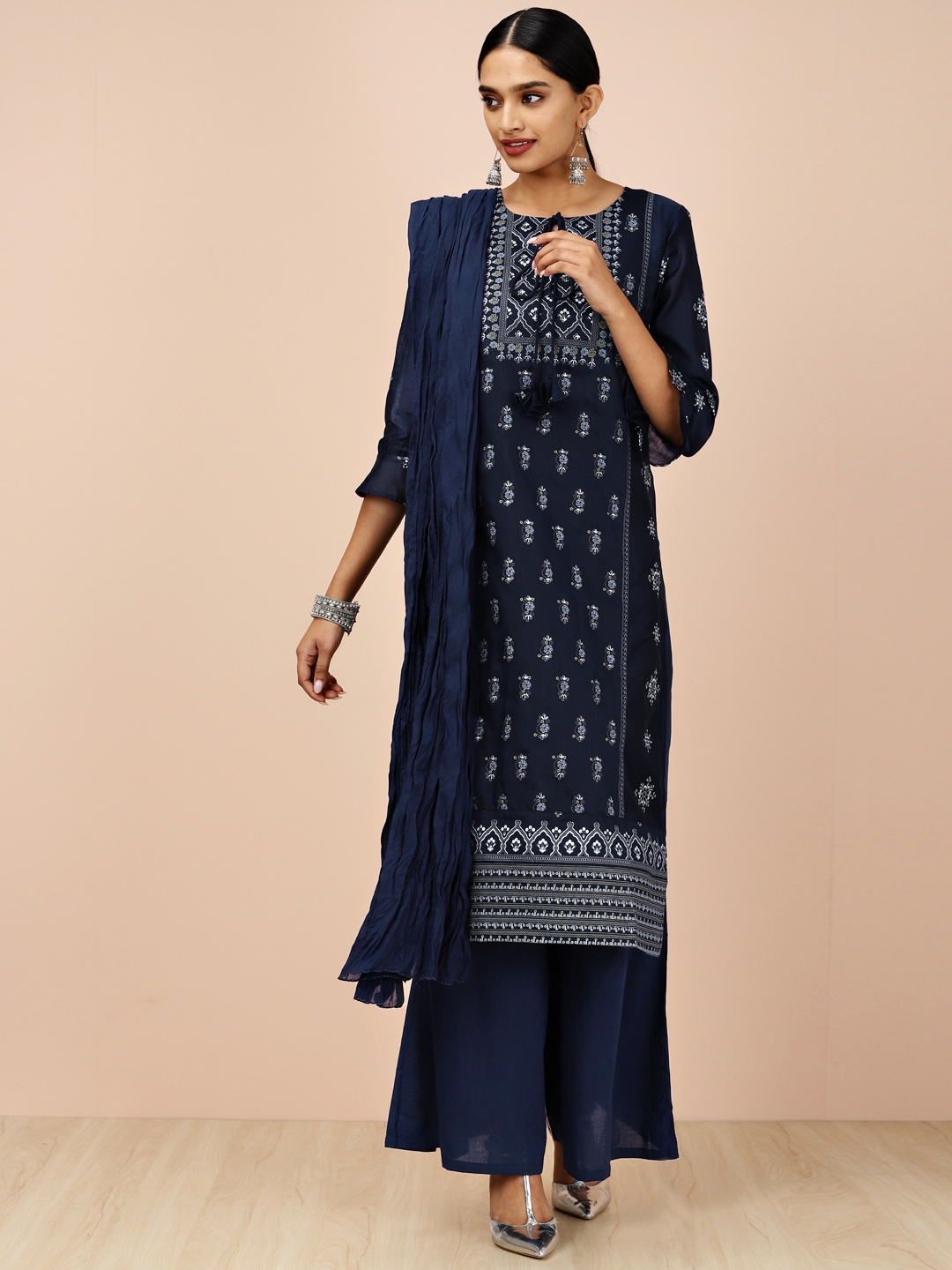 All About You Kurta Set Buy All About You Women Navy Blue Printed Kurta With Palazzos & Dupatta