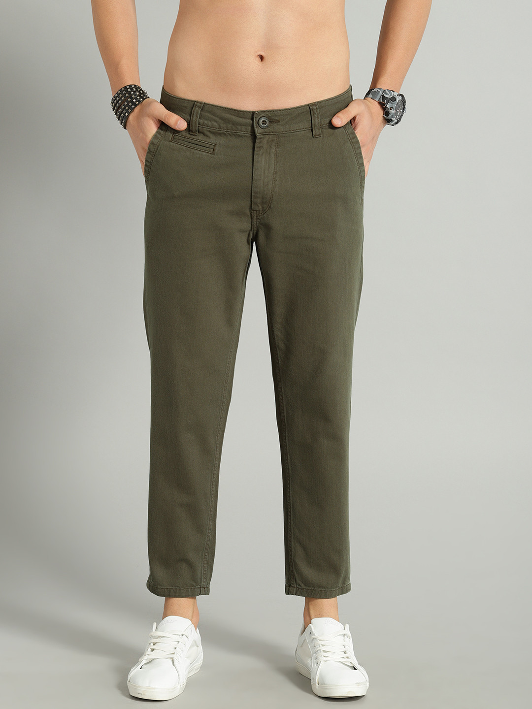 Buy Roadster Men Olive Green Mid Rise Clean Look Cropped Trousers