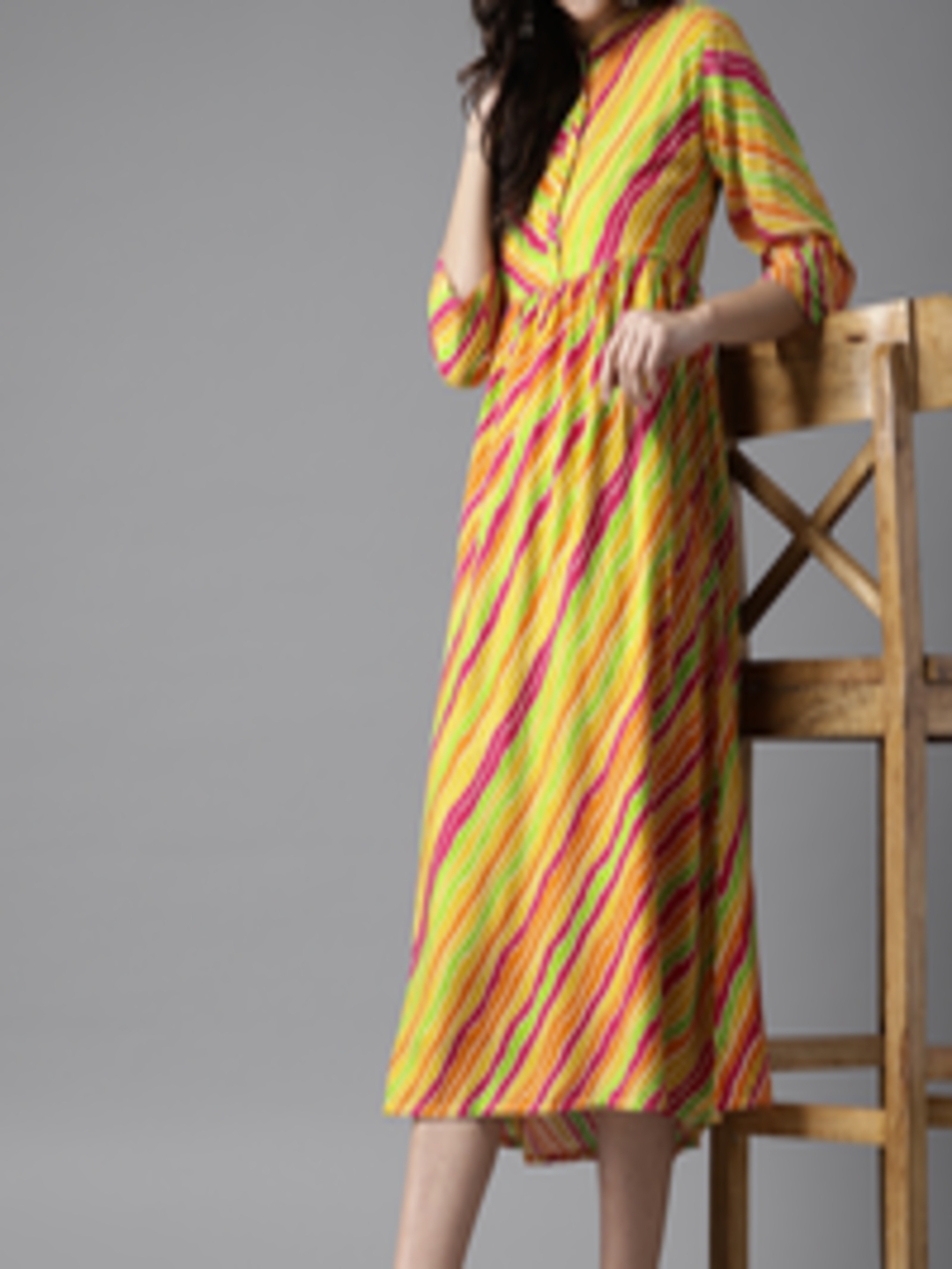 Buy HERE&NOW Women Multicoloured Leheriya Print Midi A Line Dress ...