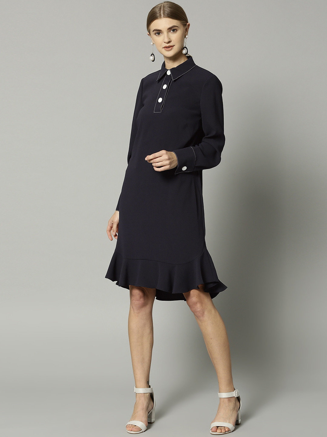 Buy Marks & Spencer Women Navy Blue Solid Shirt Dress Dresses for