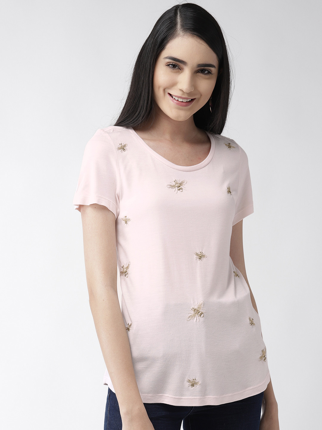 Buy Marks & Spencer Women Pink Embroidered Round Neck T Shirt Tshirts