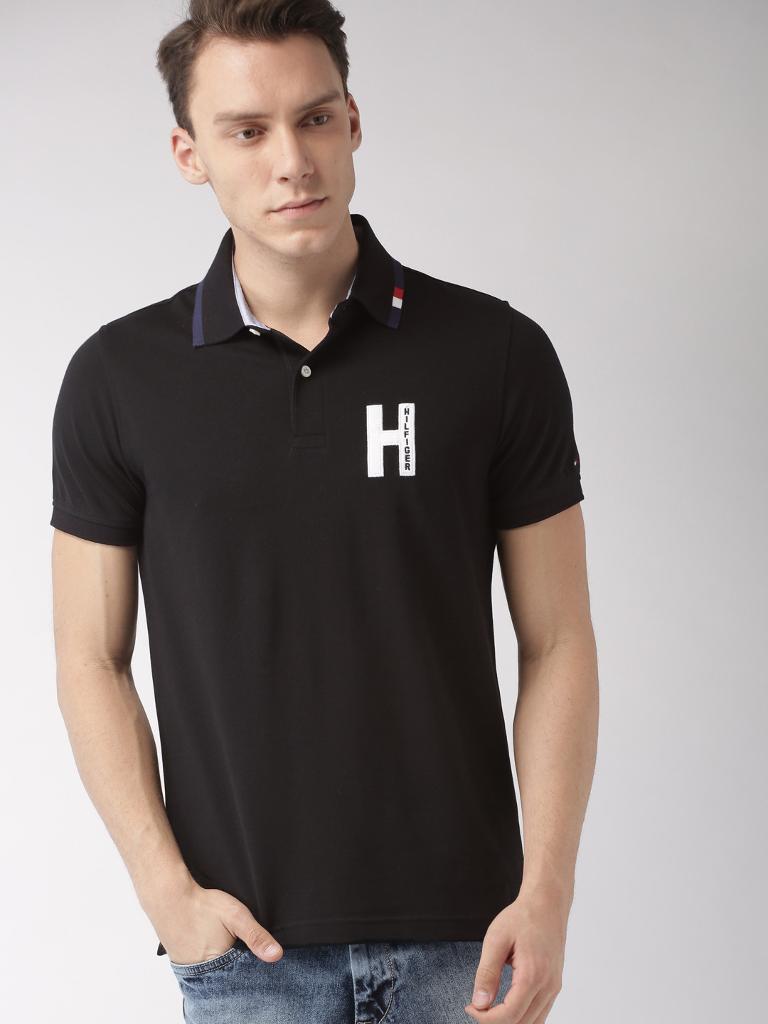 Buy Tommy Hilfiger Men Black Solid Slim Fit Polo Collar T Shirt