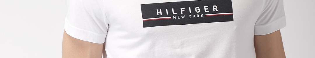 Buy Tommy Hilfiger Men White Printed Round Neck Pure Cotton T Shirt ...