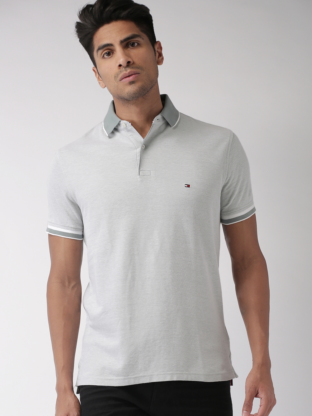 Buy Tommy Hilfiger Men Grey Self Design Polo Collar Pure Cotton T Shirt ...