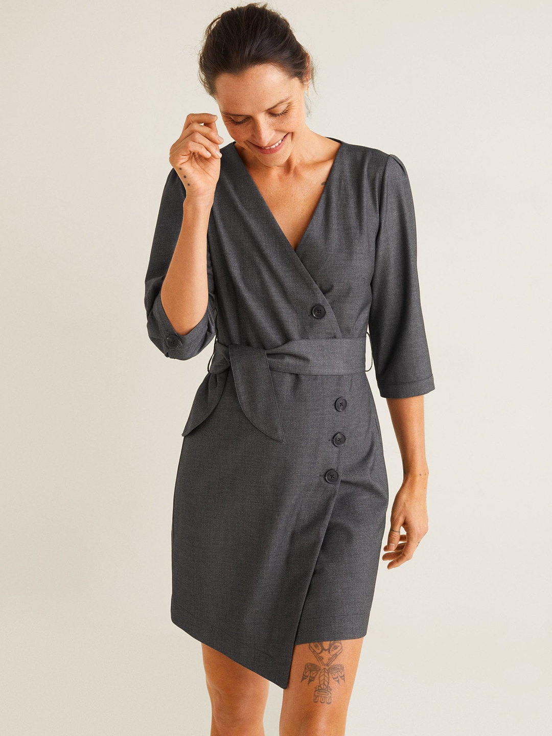 Buy MANGO Women Charcoal Grey Solid Mini Wrap Dress - Dresses for Women 8798783 | Myntra