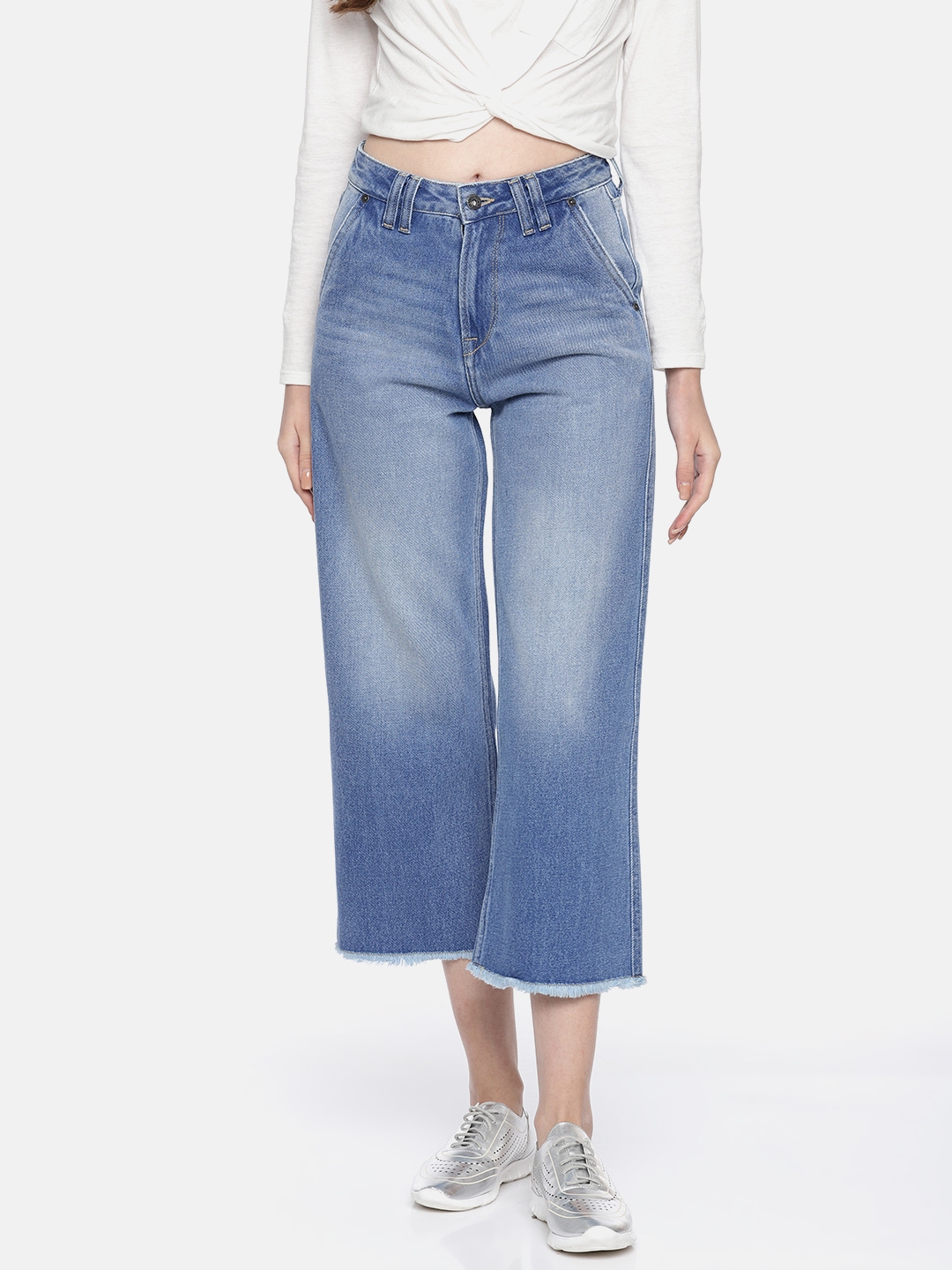 Buy Pepe Jeans Women Blue Jane Regular Fit Faded Denim Culottes ...