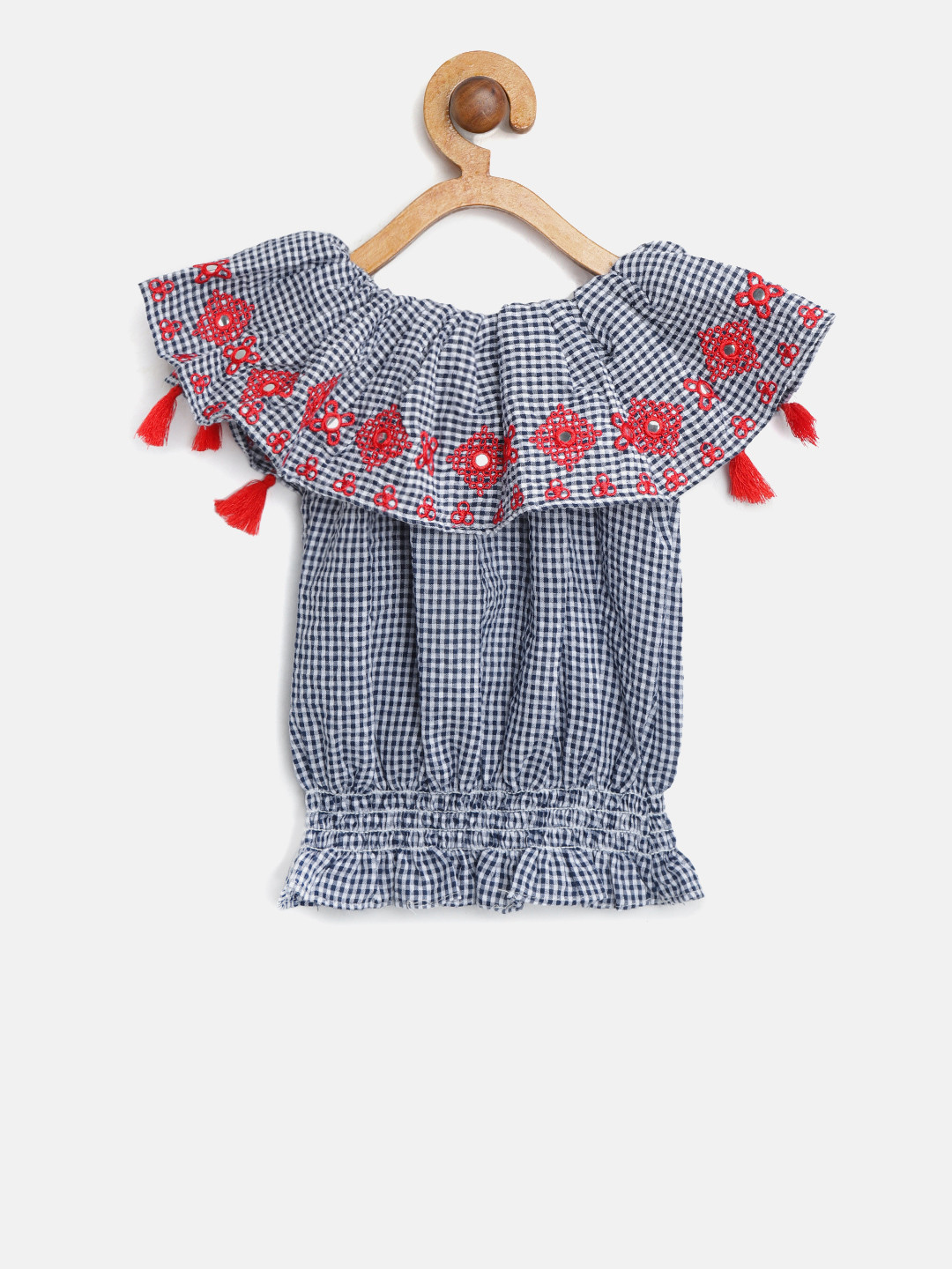 Buy Tiny Girl Navy & White Checked Embroidered Bardot Pure Cotton Top Tops for Girls 8801645