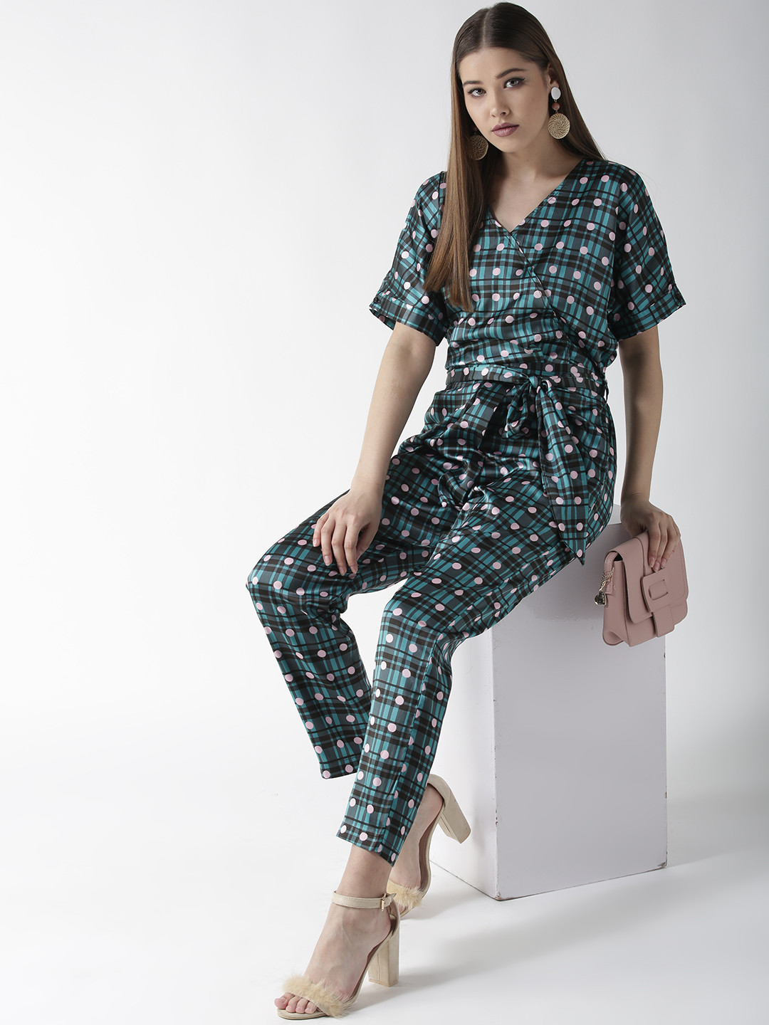 Buy StyleStone Green & Black Checked Basic Jumpsuit With Printed Detail