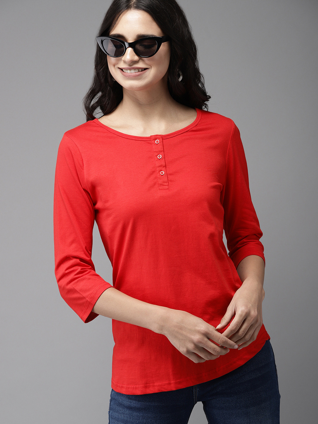 Buy HERENOW Women Red Solid Henley Neck Pure Cotton T Shirt Tshirts