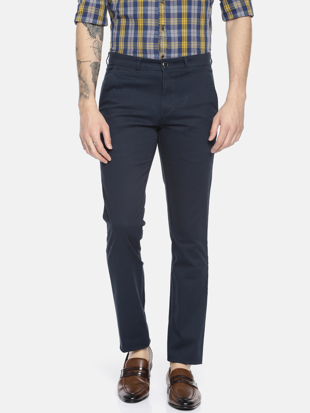 Buy Park Avenue Men Navy Blue Regular Fit Solid Chinos - Trousers for ...