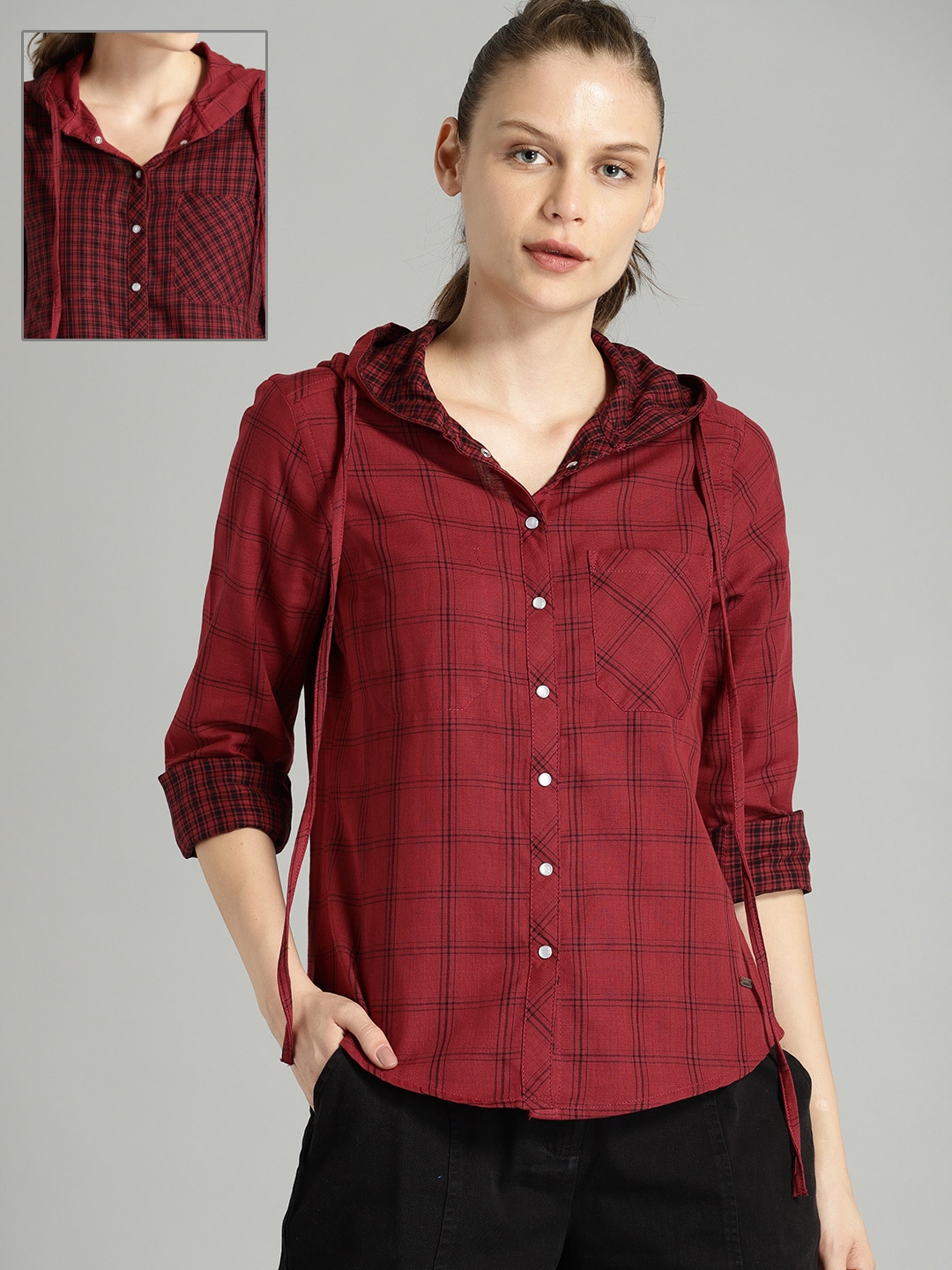 checked hooded shirt women's