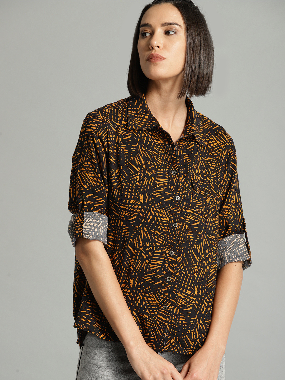 Buy Roadster Women Black & Yellow Regular Fit Printed Casual Shirt