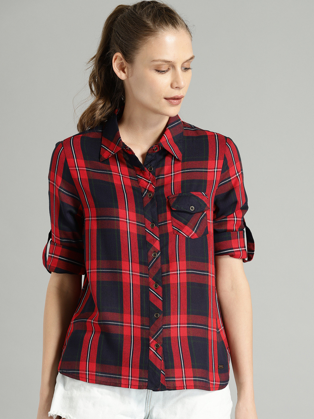navy checked shirt womens