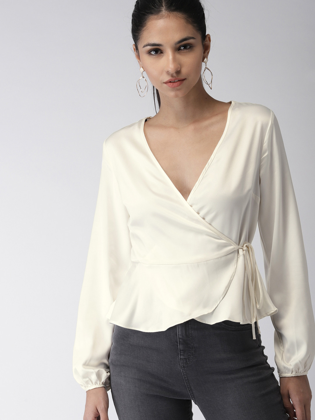 Buy FOREVER 21 Women Cream Coloured Solid Wrap Top Tops for Women
