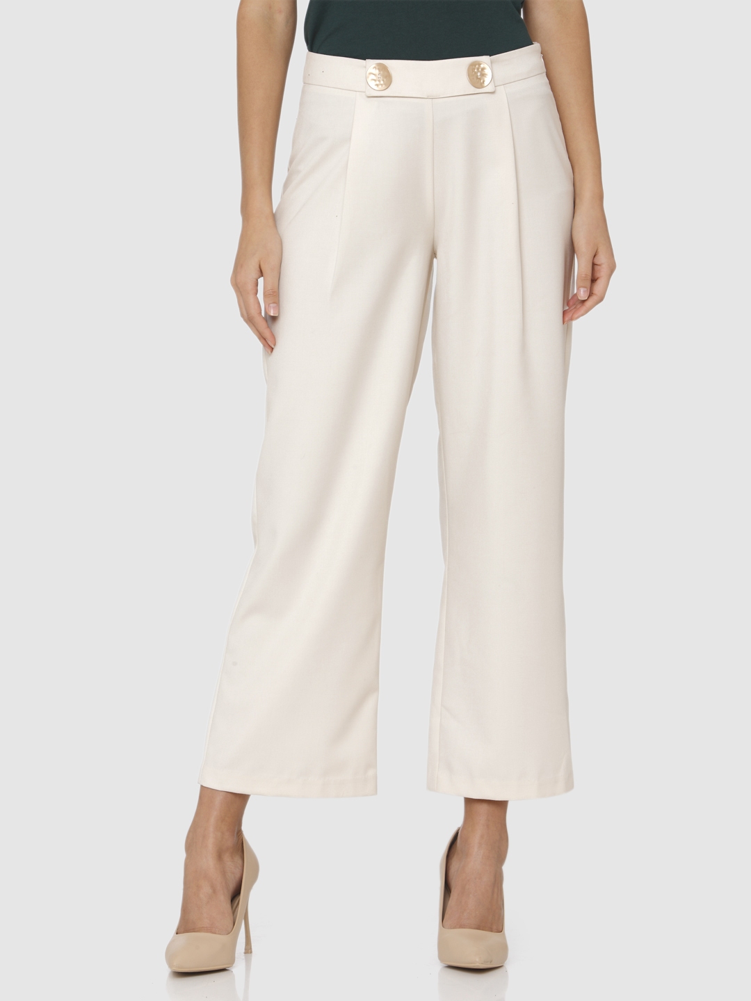 Buy Vero Moda Women Beige Straight Fit Solid Cropped Parallel Trousers ...