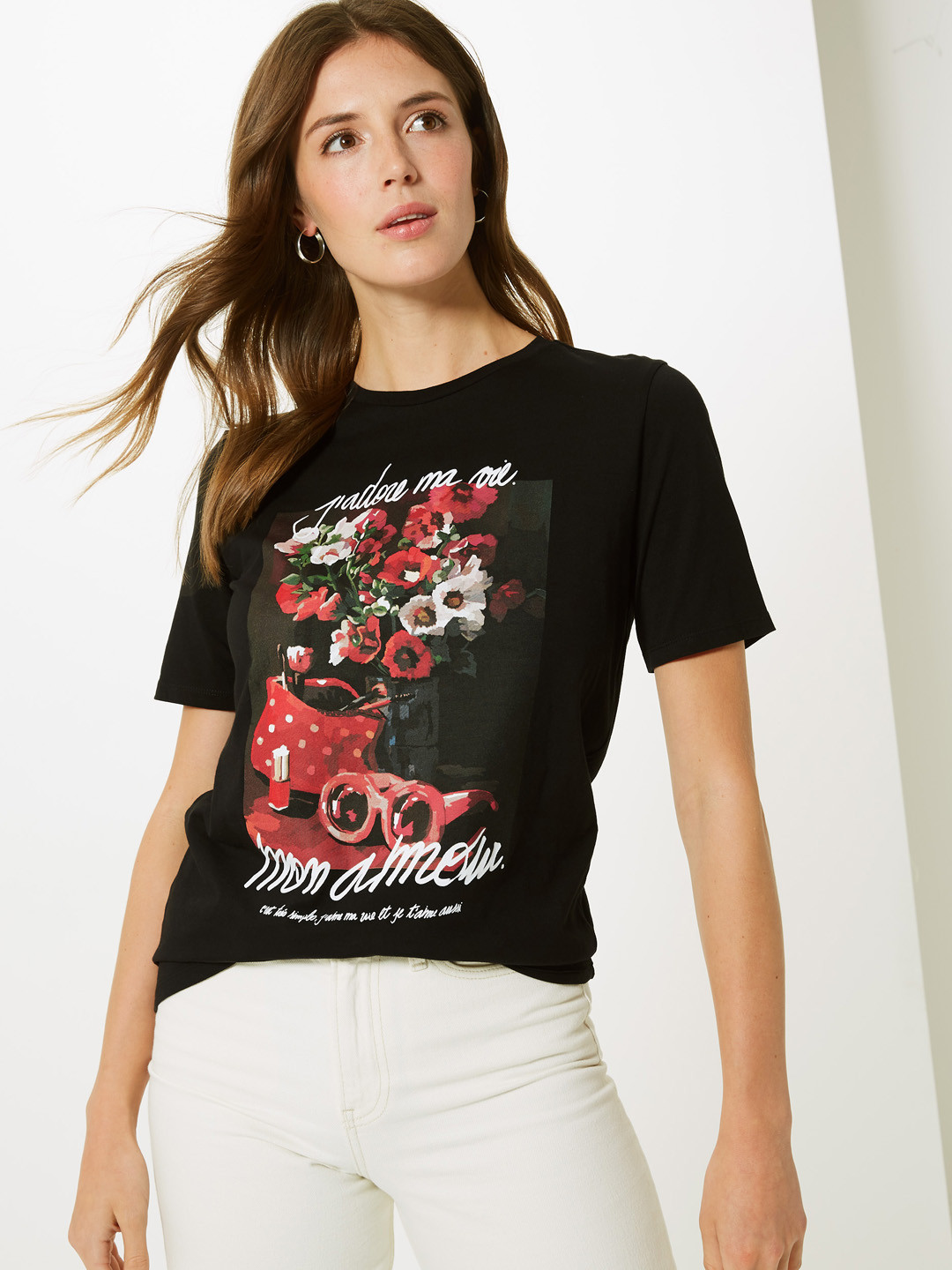 Buy Marks Spencer Women Black Printed Round Neck Pure Cotton T Shirt