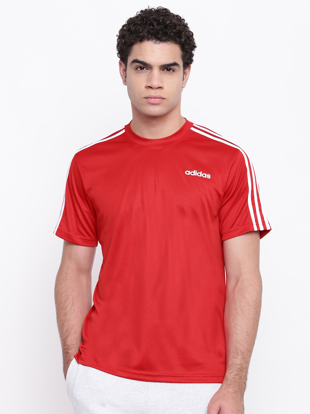 Buy ADIDAS Men Red Classic 3 Stripes Solid Round Neck Sustainable T