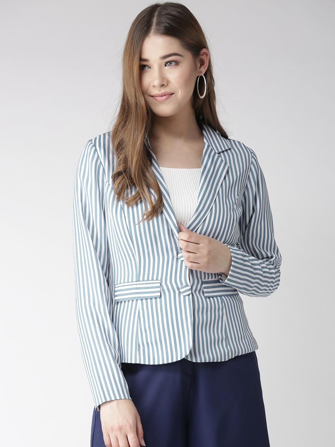 Buy QUIERO Women Blue & White Striped Single Breasted Casual Blazer