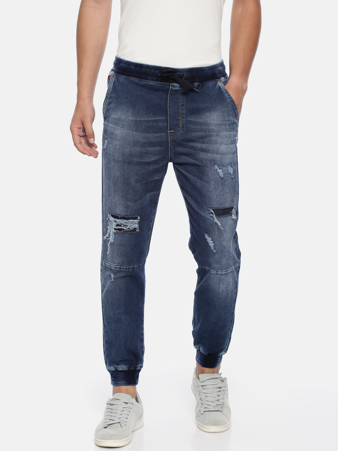 Buy Lee Cooper Men Blue Mid Rise Jogger Mildly Distressed Stretchable