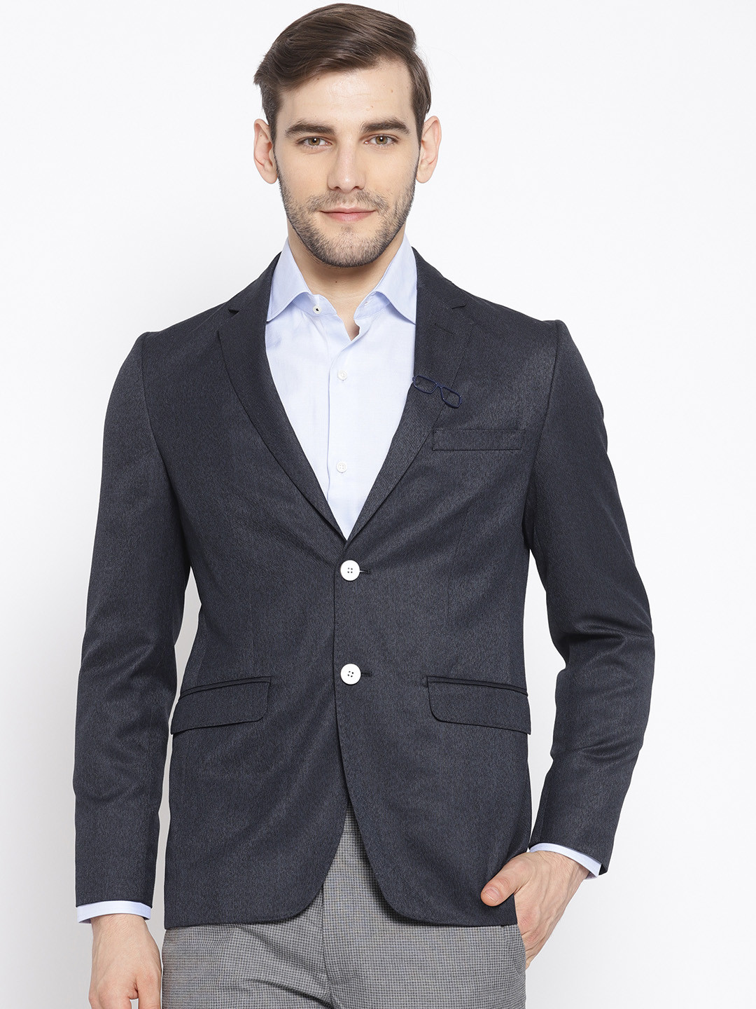 Buy Peter England Men Navy Blue Solid Neo Slim Fit Single Breasted