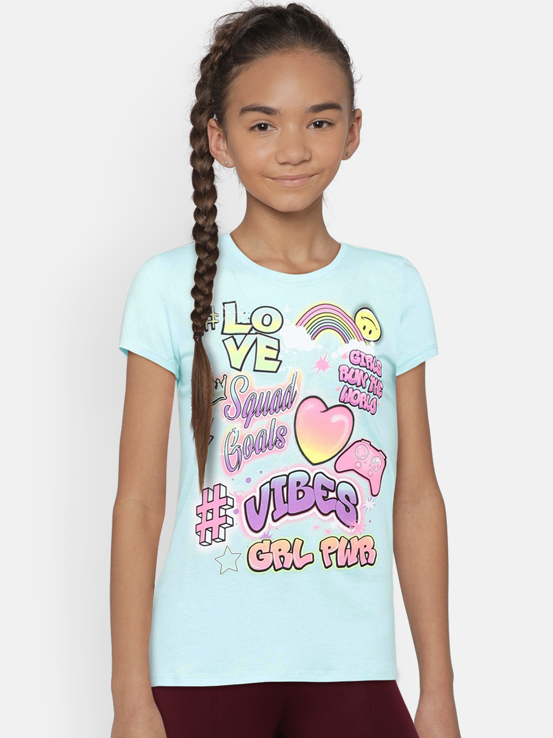 Buy The Childrens Place Girls Blue Printed Round Neck Pure Cotton T ...