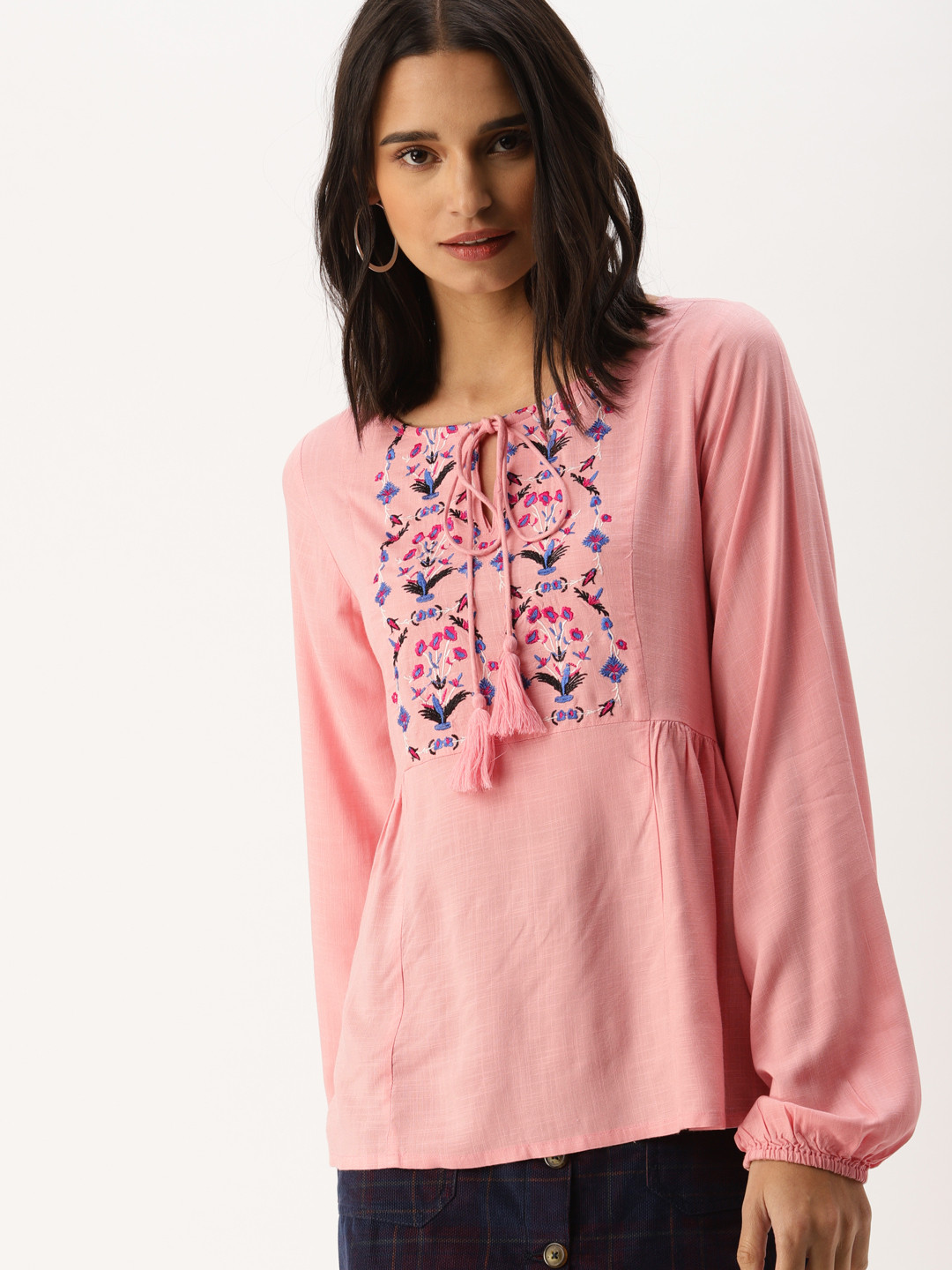 Women'S Red Embroidered Detail A-Line Top
