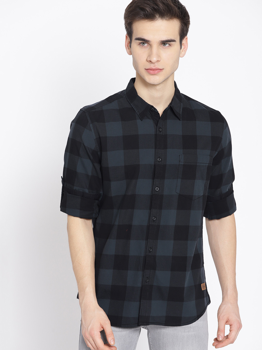 Buy Roadster Men Black & Navy Regular Fit Checked Casual Shirt Shirts