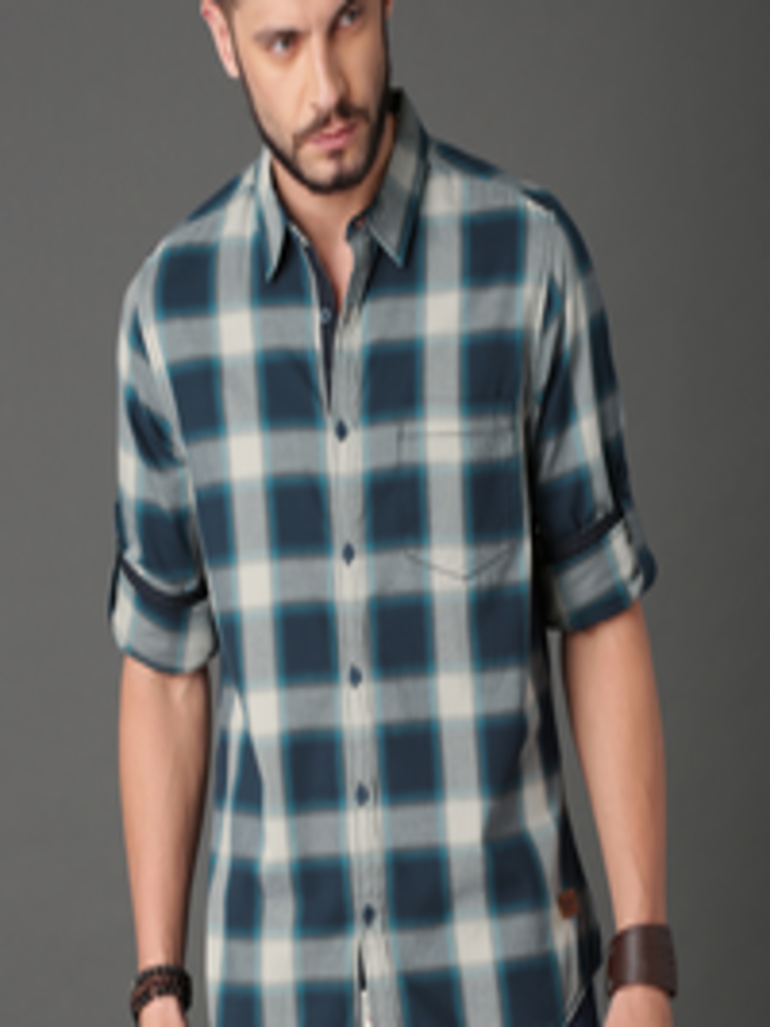 Buy Roadster Men Navy Blue & Grey Shadow Check Sustainable Casual Shirt ...