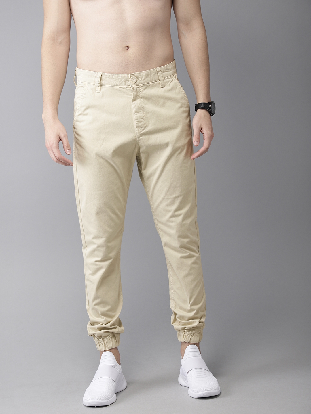 Buy Hereandnow Men Beige Regular Fit Solid Joggers Trousers For Men 8890343 Myntra