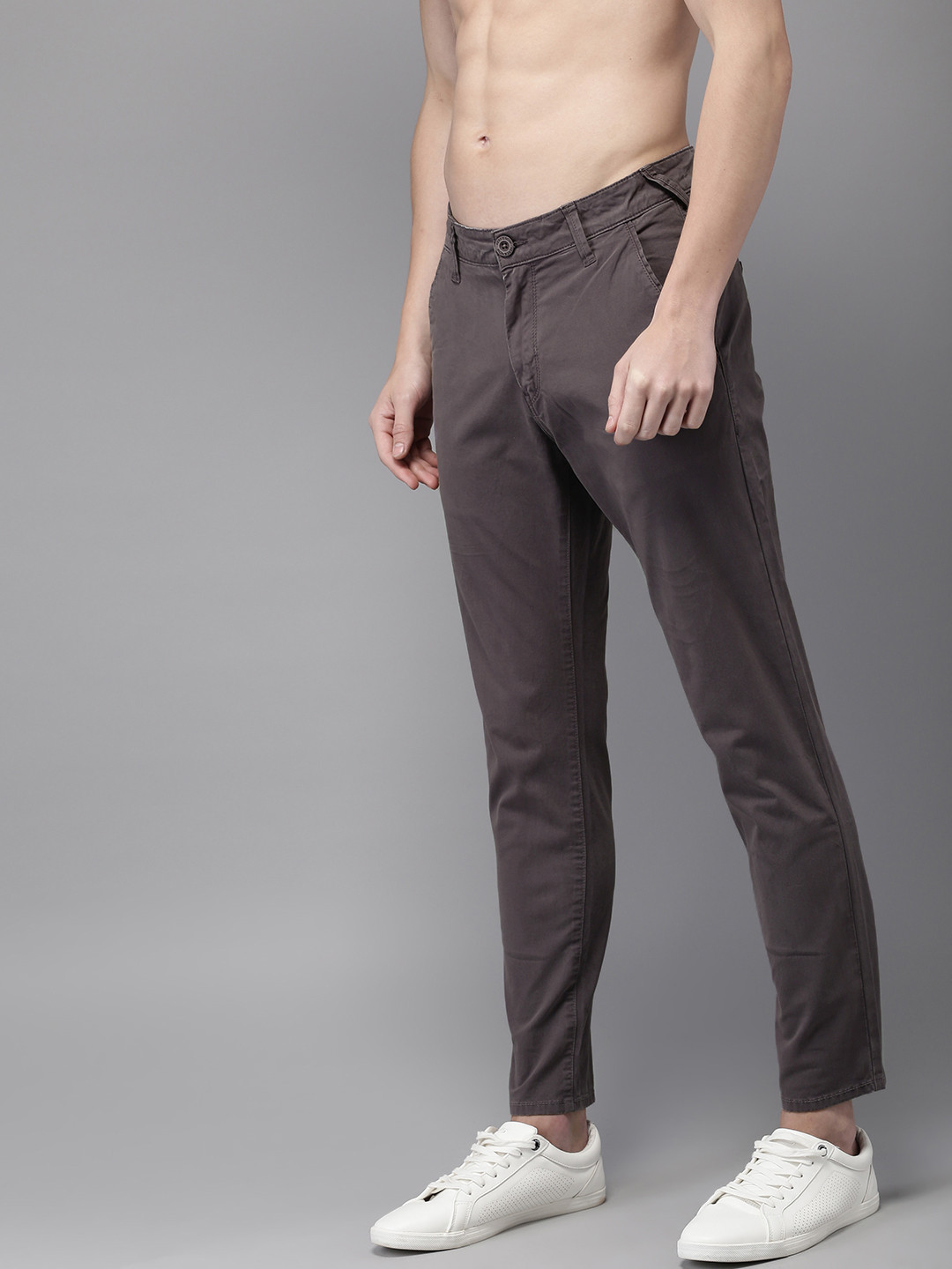 Buy HERE&NOW Men Grey Slim Fit Solid Chinos - Trousers for Men 8890347 ...