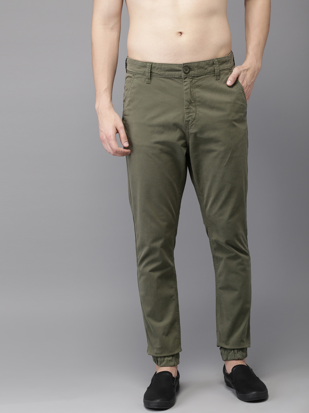 Men's Olive Comfort Slim Fit Low-Rise Cotton Joggers Trousers
