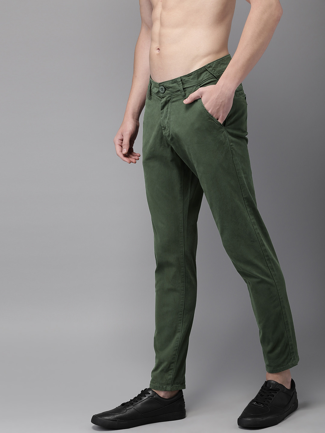 Buy HERE&NOW Men Olive Green Slim Fit Solid Chinos - Trousers for Men ...