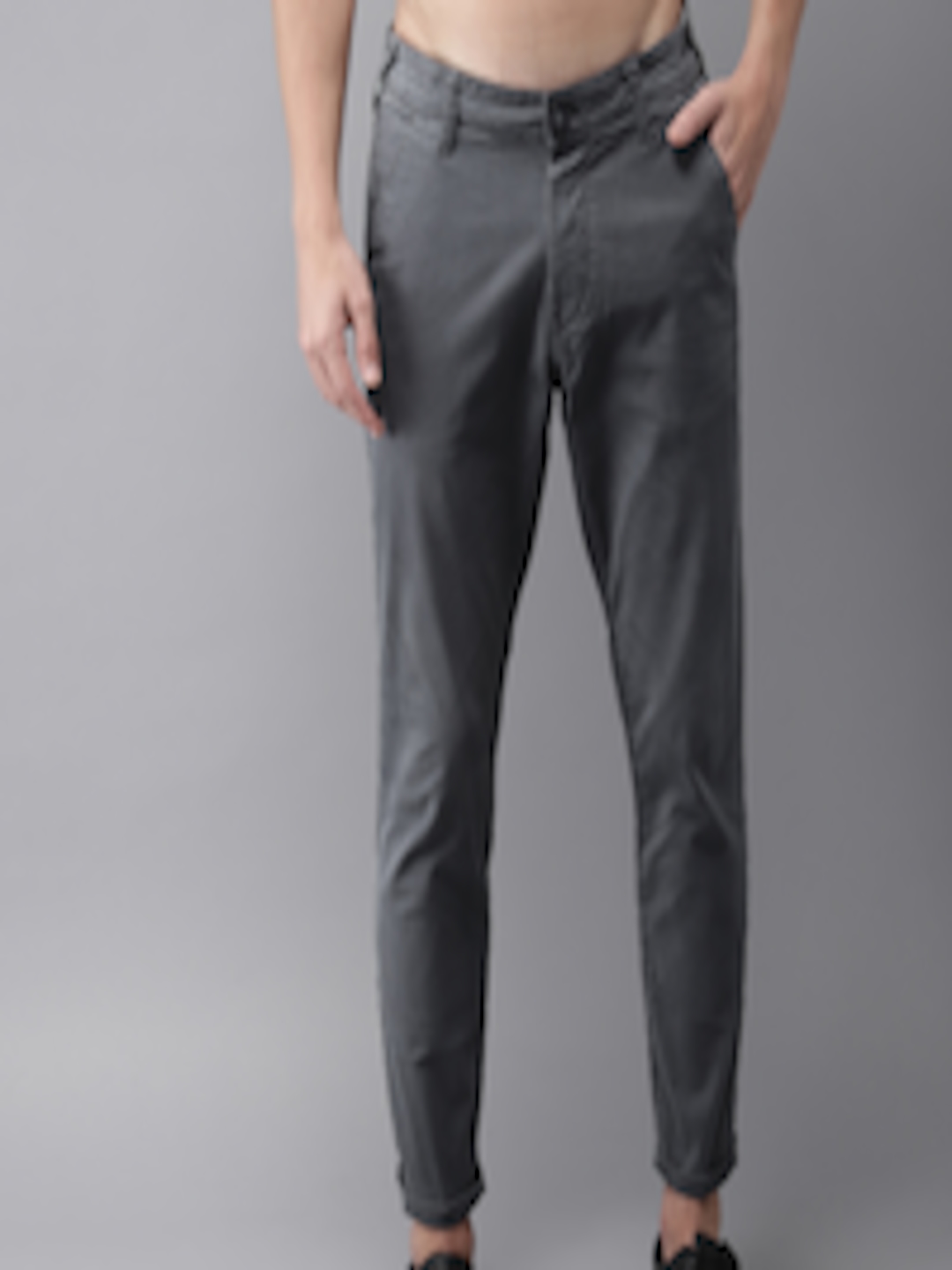 Buy HERE&NOW Men Charcoal Grey Slim Fit Solid Chinos - Trousers for Men ...