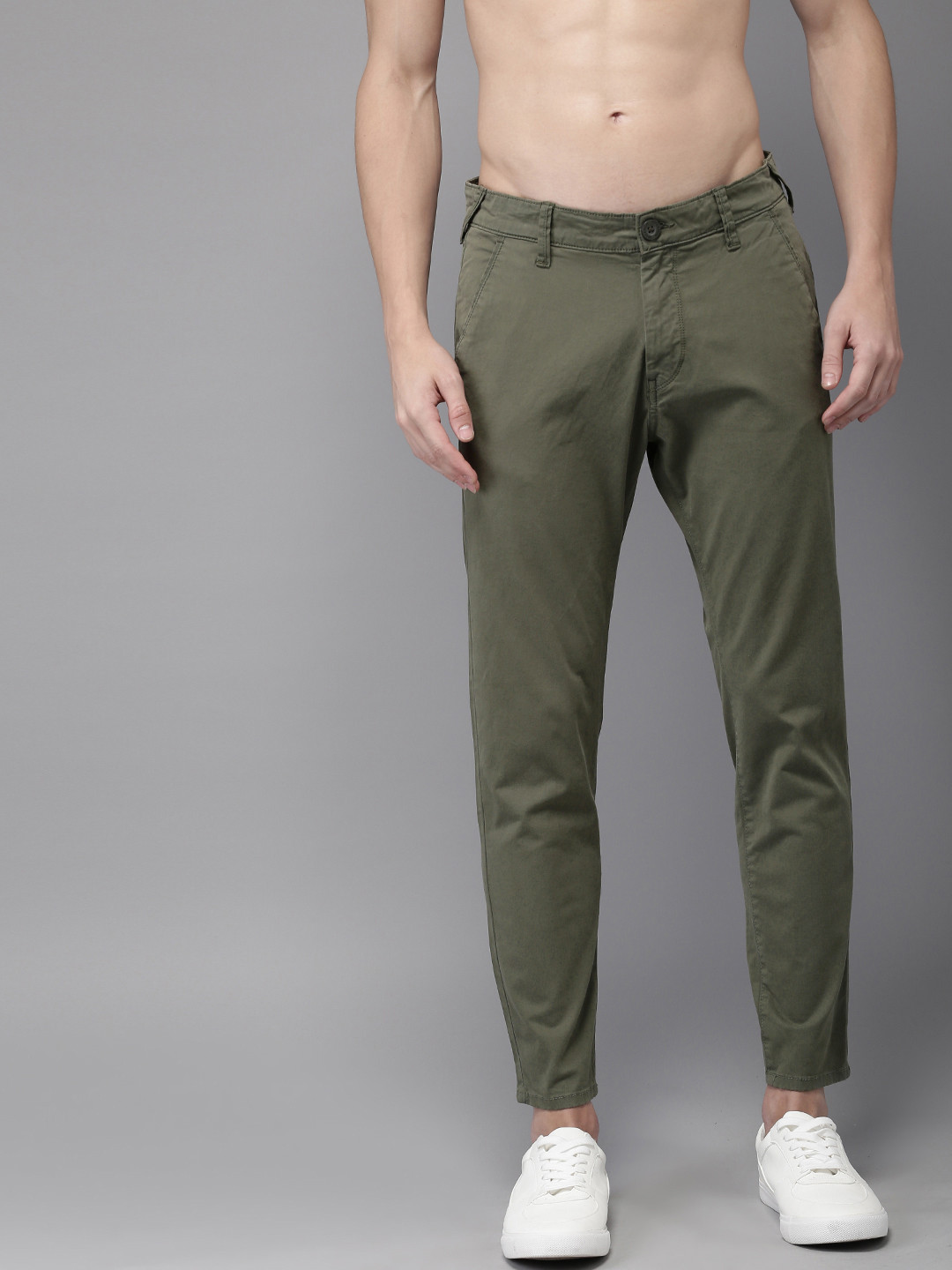 Buy HERE&NOW Men Olive Green Slim Fit Solid Chinos - Trousers for Men ...