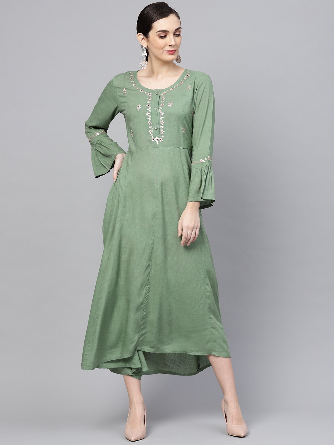 Buy ANAISA Women Green Embroidered Flared Dress - Dresses for Women 8891683 | Myntra