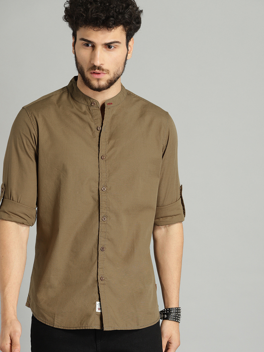 Buy Roadster Men Khaki Brown Band Collar Slub Casual Shirt Shirts for