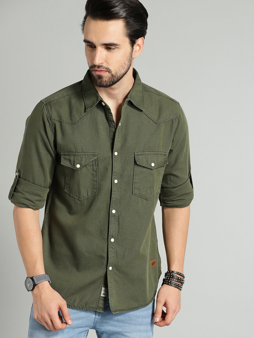 Buy Roadster Men Olive Green Regular Fit Solid Sustainable Casual Shirt ...
