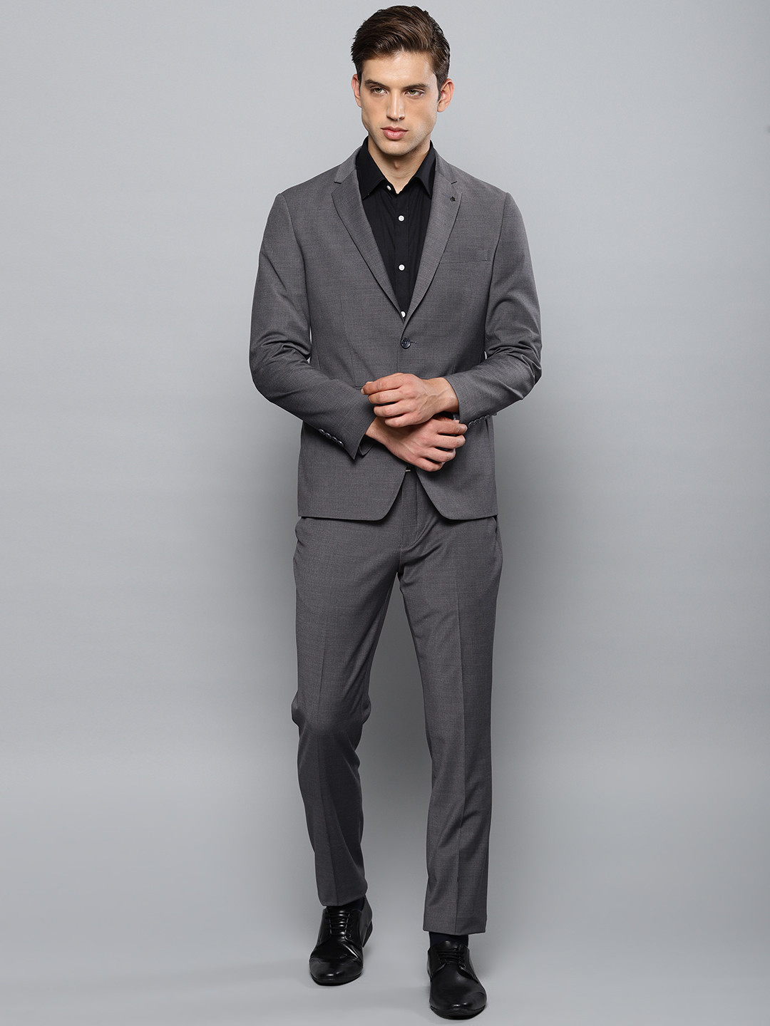 Louis Philippe Grey Single-Breasted Slim Fit Permapress finest wrinkle free Formal Suit