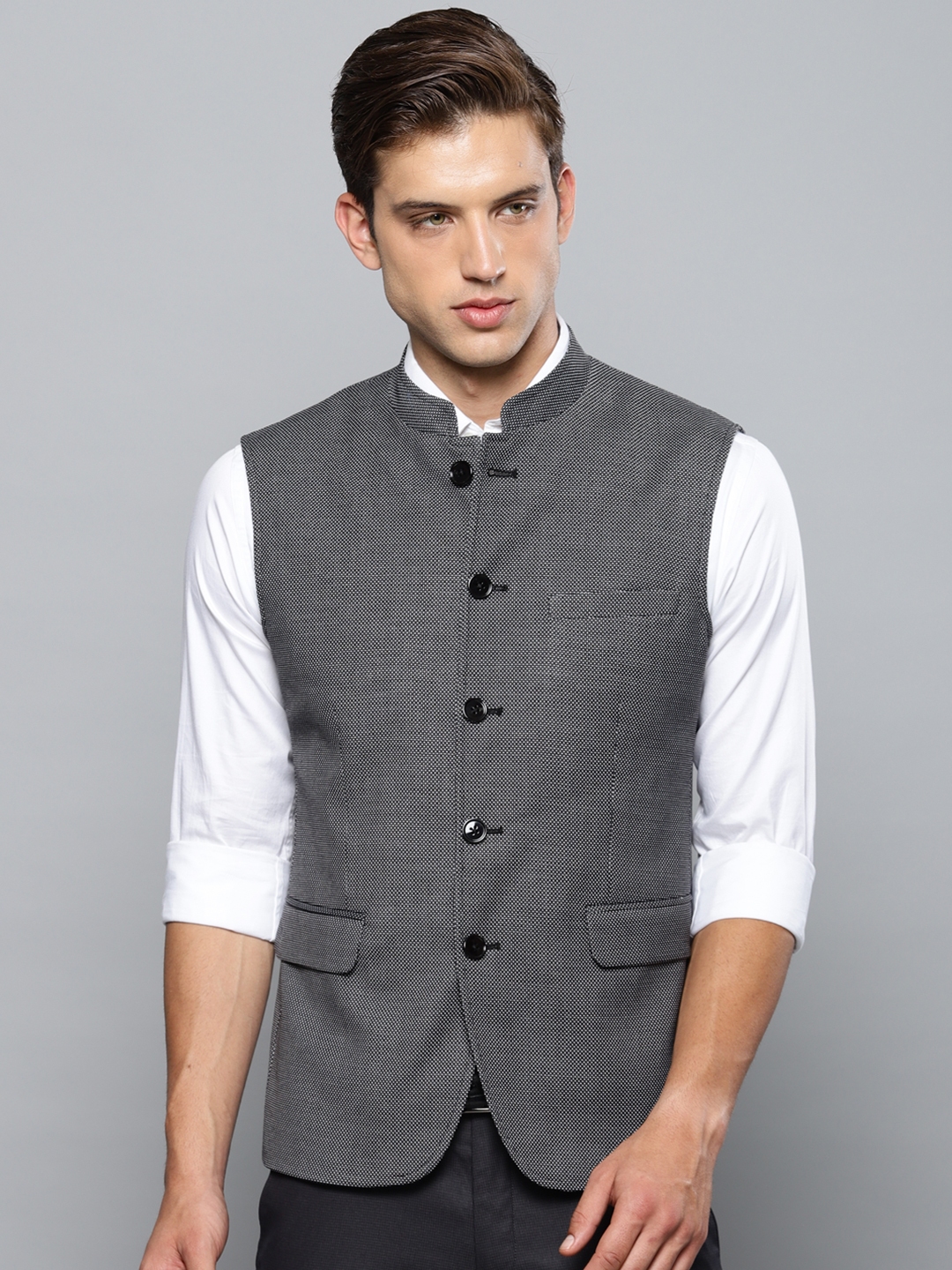 Buy Louis Philippe Men Black Slim Fit Self Design Nehru ...