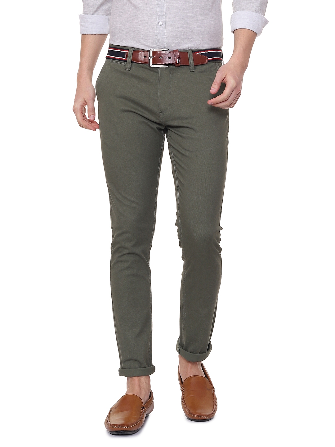 Buy People Men Olive Green Slim Fit Solid Regular Trousers - Trousers ...