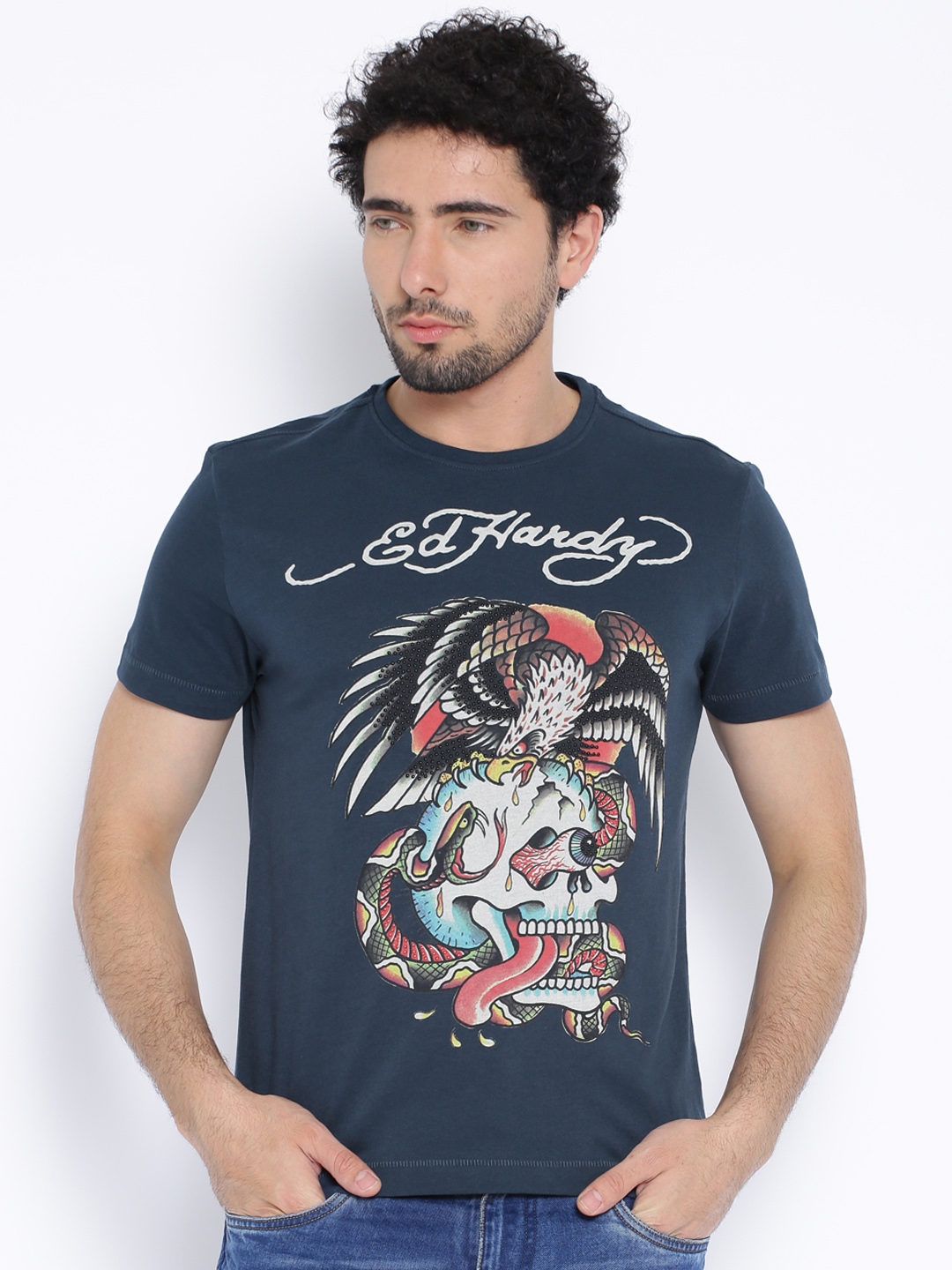 Buy Ed Hardy Teal Blue Printed Pure Cotton T Shirt - Tshirts for Men ...