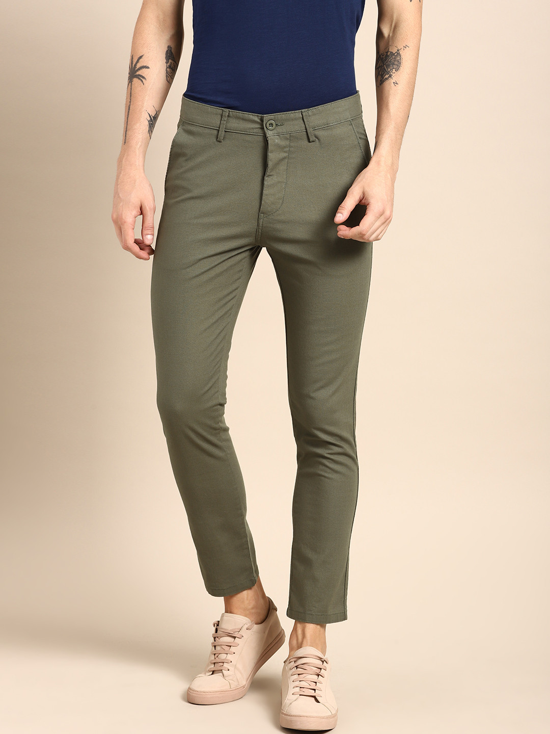 Buy Ether Men Olive Green Slim Fit Solid Cropped Chinos - Trousers for ...